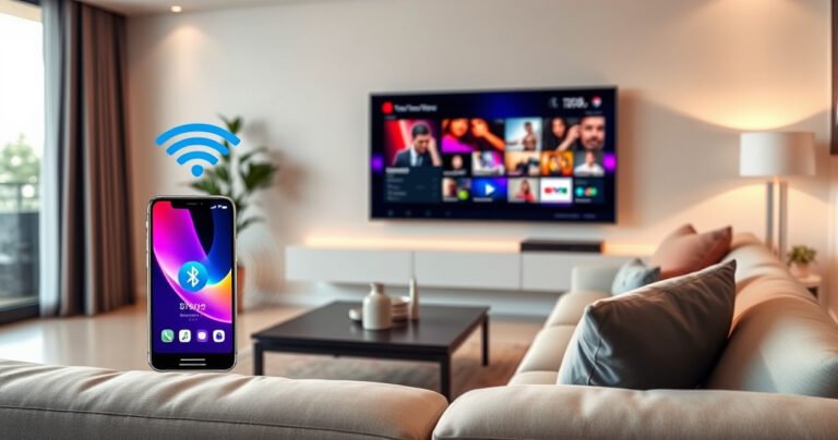 A sleek modern living room with a large smart TV displaying vibrant streaming content, a smartphone wirelessly connecting via Bluetooth, colorful sound waves emanating from the phone, and a cozy sofa adorned with stylish cushions, soft ambient lighting creating a warm atmosphere, showcasing the seamless integration of technology in everyday life.