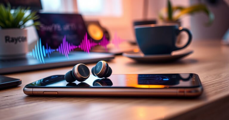 A close-up of sleek Raycon earbuds resting on a modern smartphone, with vibrant soundwaves visually emanating from the devices. The background features a cozy indoor setting, softly lit with warm colors, showcasing a stylish desk with tech gadgets, a coffee cup, and a plant, conveying a sense of connection and ease.