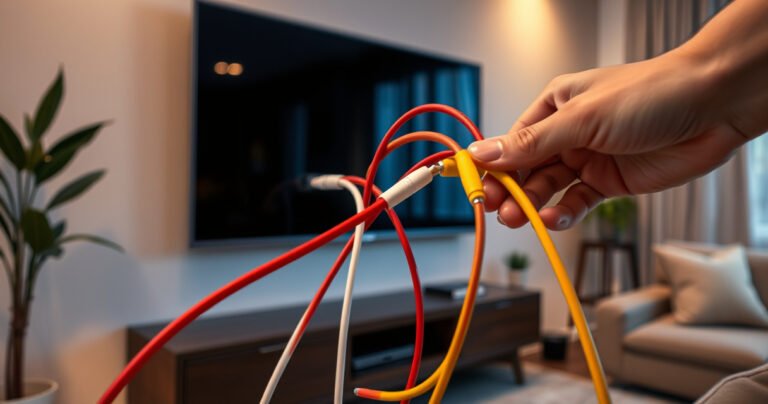 A close-up view of a modern living room, featuring a sleek smart TV mounted on a wall. Vibrant red, white, and yellow cables are prominently displayed, with hands expertly connecting them to the TV's ports. Soft ambient lighting enhances the cozy atmosphere, while a stylish couch and decorative elements complete the inviting scene.