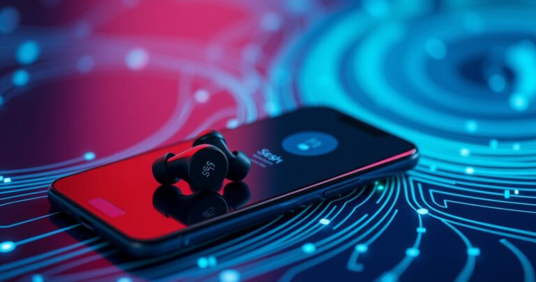 A close-up of sleek SESH EVO earbuds resting on a vibrant, tech-inspired background with swirling blue and green light patterns, symbolizing connectivity. Soft glowing lines extend from the earbuds to a smartphone displaying a pairing screen, creating a dynamic sense of interaction and modern technology, emphasizing simplicity and ease of use.
