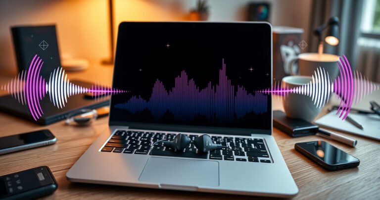 A sleek pair of Samsung earbuds resting on a stylish, modern MacBook, surrounded by vibrant sound waves and digital icons representing connectivity. The background features a cozy workspace with warm lighting, a steaming coffee cup, and scattered tech gadgets, creating an inviting atmosphere that blends technology and lifestyle seamlessly.