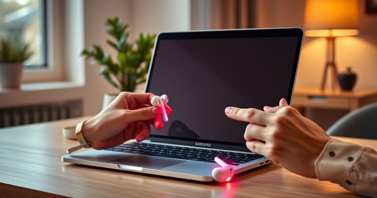 A sleek MacBook open on a modern desk, vibrant Samsung earbuds resting beside it, glowing softly. The background features a cozy, stylish workspace with a plant and a warm lamp, creating an inviting atmosphere. A pair of hands gracefully connecting the earbuds to the laptop, illustrated with a soft, tech-inspired glow emanating from the MacBook screen.
