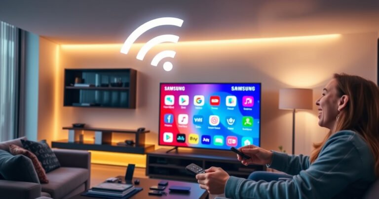 A sleek Samsung Smart TV in a modern living room, glowing with vibrant app icons on the screen, surrounded by a cozy couch, a coffee table with tech gadgets, and a warm ambient light. A Wi-Fi symbol floats above, symbolizing internet connectivity, while a person is shown interacting with the TV's remote, smiling in excitement.