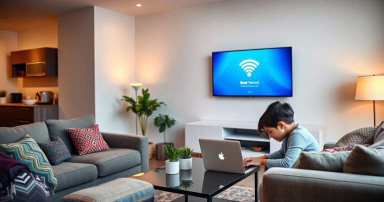 A sleek modern living room featuring a Samsung Smart TV displaying a vibrant WiFi connection screen. A cozy couch with colorful cushions, a stylish coffee table with a laptop, and warm ambient lighting create an inviting atmosphere. A family member is attentively following steps on the laptop, with a hint of excitement in the air.