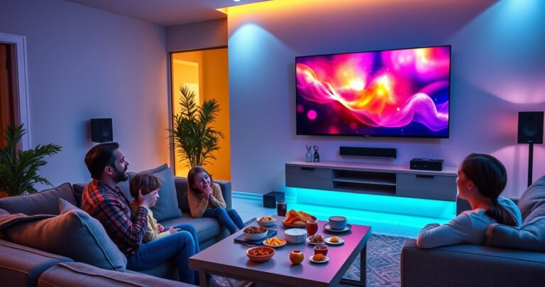 A cozy living room scene featuring a sleek Samsung Smart TV mounted on a wall, vibrant colors illuminating the space. Wireless speakers surround a comfortable sofa, soft ambient lighting casts a warm glow. A family enjoys movie night, laughter and snacks spread across a coffee table, showcasing the seamless connection between modern technology and home comfort.
