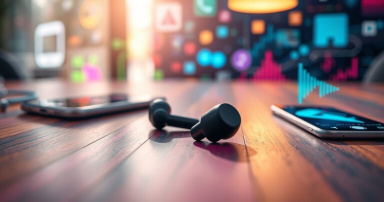 A close-up of sleek Skullcandy Bluetooth earbuds resting on a vibrant wooden table, surrounded by colorful smartphone icons and sound waves, with a bright, modern background featuring abstract tech patterns, conveying a sense of connectivity and modern lifestyle, illuminated by soft, inviting light.