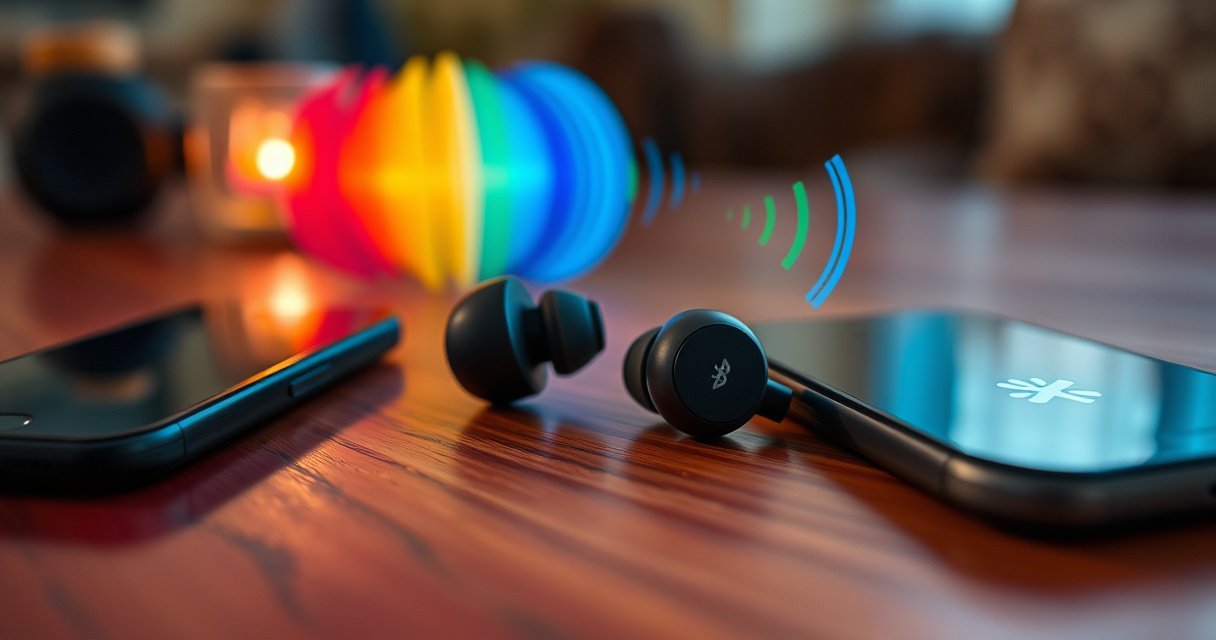 A close-up of sleek Skullcandy wireless earphones resting on a vibrant wooden table, surrounded by colorful sound waves visually emanating from them. Soft, diffused light highlights their modern design, while a smartphone with a glowing Bluetooth connection icon is nearby, suggesting a seamless pairing experience. The background features hints of a cozy, tech-friendly workspace.
