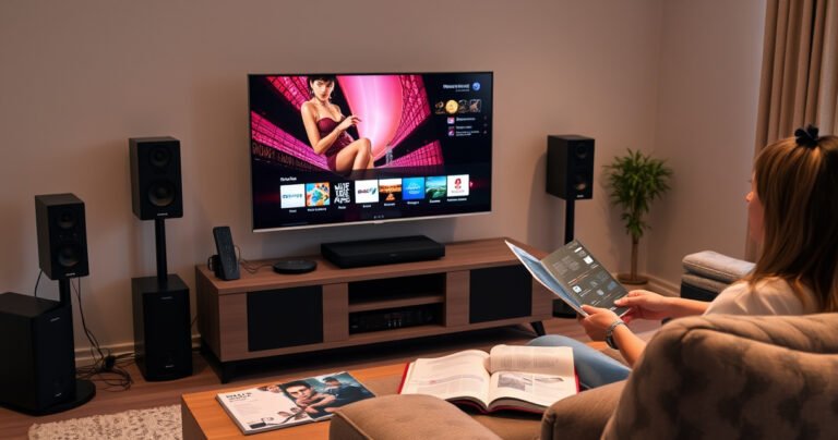 A modern living room with a sleek smart TV displaying vibrant visuals, surrounded by stylish surround sound speakers. Cables neatly arranged, a user intently connecting devices, with a cozy atmosphere highlighted by warm lighting. A coffee table holds a remote and a guidebook, while a plush sofa invites relaxation, showcasing the perfect blend of technology and comfort.