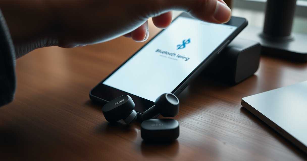 A close-up of sleek Sony Bluetooth earbuds resting on a wooden desk, surrounded by a glowing smartphone displaying a Bluetooth pairing screen. Soft light filters through a window, highlighting the earbuds' glossy finish, while a user’s hand hovers above the phone, ready to connect. A cozy, tech-savvy workspace enhances the modern vibe.