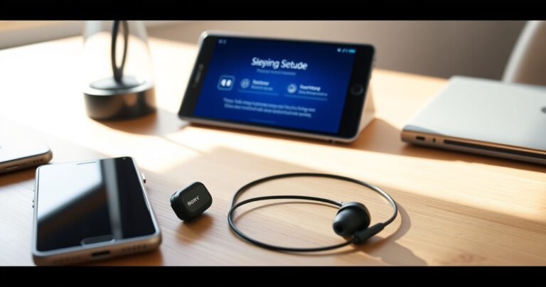 A stylish pair of Sony Bluetooth earphones resting on a sleek wooden desk, surrounded by modern tech gadgets like a smartphone and tablet. Soft morning light filters through a nearby window, casting gentle shadows. The earphones are partially connected to a vibrant screen displaying a step-by-step setup guide, evoking a sense of accessibility and ease.