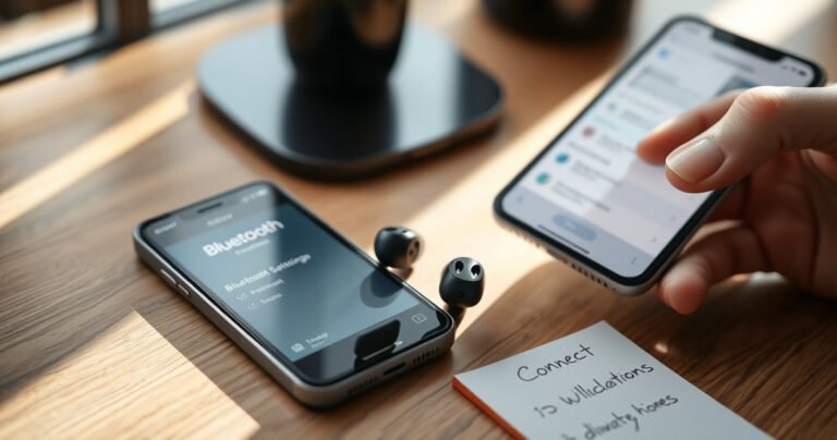 A close-up of sleek Sony earbuds resting on a modern wooden desk, accompanied by an iPhone displaying Bluetooth settings. Soft morning light filters through a nearby window, casting gentle shadows. A user’s hand hovers over the phone, ready to connect, while a small notepad with handwritten instructions lies nearby, enhancing the tech-savvy atmosphere.