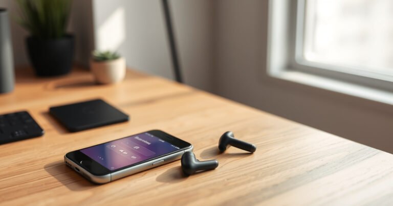 A sleek pair of Soundcore earbuds resting on a modern wooden table beside an iPhone, displaying a vibrant Bluetooth settings screen. Soft natural light filters through a nearby window, casting gentle shadows. Elements of tech and lifestyle blend harmoniously, with a cozy atmosphere of a contemporary home office, emphasizing ease and connectivity.