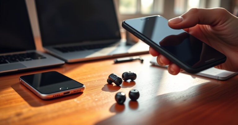A close-up of sleek Thinkplus earbuds resting on a vibrant, wooden table surrounded by smartphone, laptop, and user-friendly setup guide. Soft morning light floods the scene, highlighting the earbuds' glossy finish, while a hand reaches for a smartphone, symbolizing connection and technology in harmony.