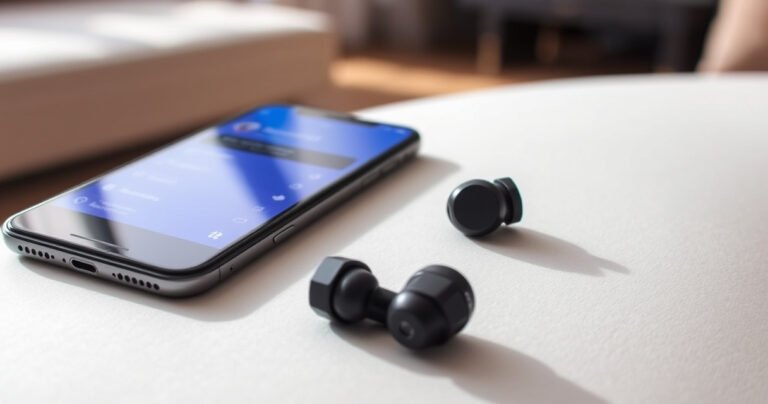 A sleek pair of Tozo earbuds resting on a soft white surface, with a stylish iPhone nearby displaying a vibrant Bluetooth settings screen. Soft ambient light casts gentle shadows, highlighting the modern design of the earbuds. A hint of a cozy living room in the background, suggesting a seamless connection in everyday life.