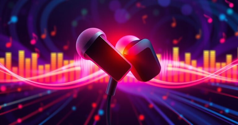 A close-up of two sleek, modern earbuds intertwined with vibrant, glowing sound waves radiating from them, set against a dynamic, swirling background of digital music notes and colorful audio equalizers, evoking a sense of connectivity and harmony in a tech-savvy atmosphere.