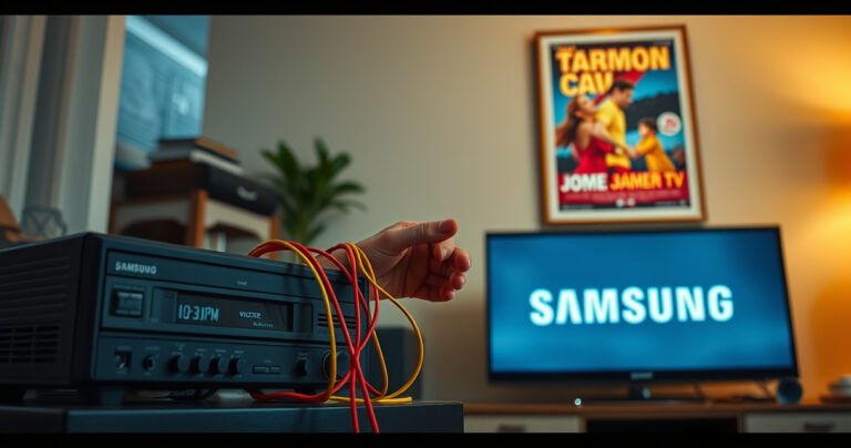 A cozy living room scene featuring a vintage VCR and a sleek Samsung Smart TV side by side. Brightly colored cables intertwine between them, with a hand reaching out to connect them. Warm ambient lighting highlights a retro film poster on the wall, evoking nostalgia and technology merging seamlessly in a modern space.