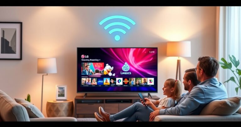 A sleek LG Smart TV displays vibrant streaming content, surrounded by a cozy living room adorned with modern decor. A friendly family sits on a plush sofa, animatedly discussing technology, while a glowing Wi-Fi signal symbol floats above, illustrating the seamless connection. Soft, warm lighting enhances the inviting atmosphere, showcasing a harmonious blend of tech and comfort.