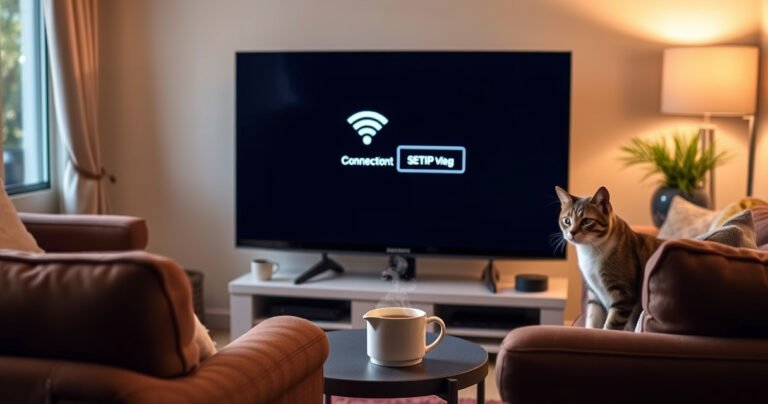 A cozy living room featuring a sleek Samsung Smart TV displaying a WiFi connection setup screen, surrounded by comfortable furniture, a warm glow from a table lamp, a steaming mug of tea on a side table, and a curious cat peeking at the screen, creating an inviting atmosphere for a tech-savvy audience.