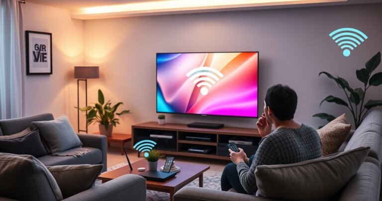 A modern living room featuring a sleek LG smart TV displaying a vibrant WiFi connection screen. Cozy furniture surrounds the space, adorned with decorative plants and soft lighting, while a person interacts with a remote, looking intrigued. A subtle digital flow of WiFi signals radiates from a nearby router, merging technology and comfort in harmony.