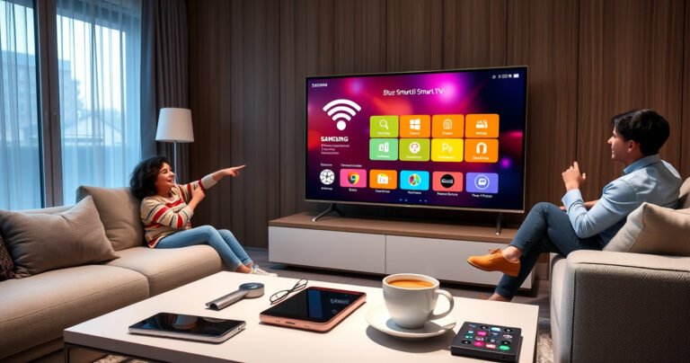 A cozy living room featuring a sleek Samsung Smart TV displaying a vibrant WiFi connection interface. A family gathers on a plush sofa, excitedly pointing at the screen, while a colorful array of tech gadgets and a steaming cup of coffee sit on a stylish coffee table, creating a warm, inviting atmosphere.