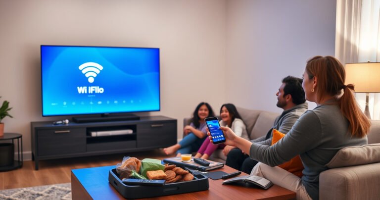 A cozy living room with a sleek smart TV displaying a vibrant WiFi connection screen, a family gathered on a plush sofa, excitement in their eyes. Soft ambient lighting highlights a modern decor, while a tech-savvy parent points at a smartphone in hand, illustrating the step-by-step setup process. A coffee table cluttered with remotes and snacks adds warmth.