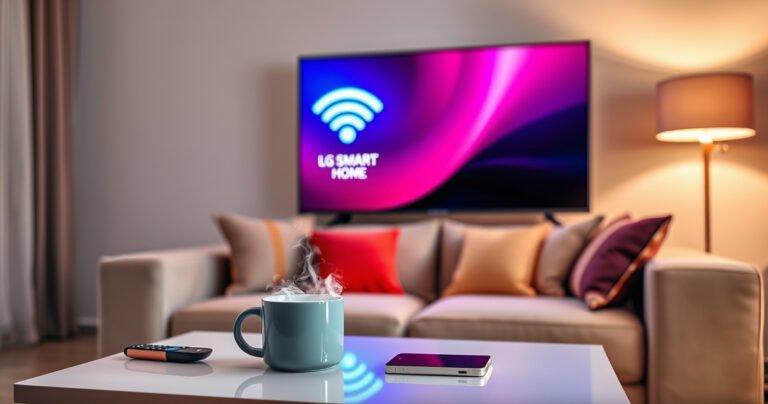 A cozy living room scene featuring an LG Smart TV displaying a vibrant WiFi connection screen, with a sleek remote nearby. Soft ambient lighting fills the space, highlighting a comfortable couch adorned with colorful cushions. A modern coffee table holds a steaming mug and a smartphone, emphasizing the ease of connectivity in a tech-savvy home.