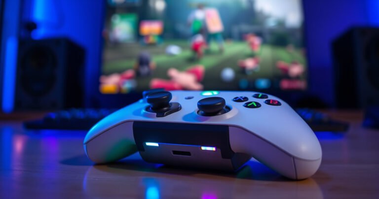 A sleek pair of wireless earbuds resting on an Xbox controller, surrounded by glowing neon lights in shades of blue and green. The background features a blurred gaming setup with a large screen displaying a vibrant game scene, emphasizing the connection between sound and gaming experience, all exuding a modern tech vibe.
