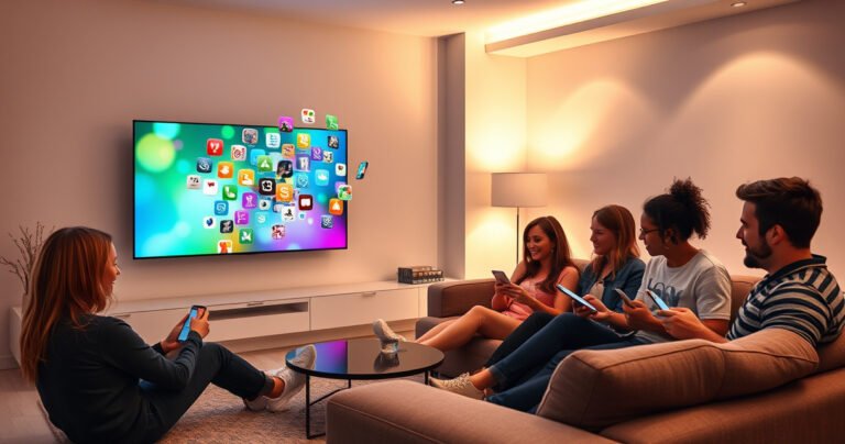 A sleek modern living room featuring a vibrant smart TV displaying a phone screen mirroring interface, colorful apps floating in the air. A diverse group of friends casually lounging on a cozy sectional, excitedly interacting with their devices. Soft ambient lighting casts a warm glow, enhancing the inviting atmosphere of technology and connection.