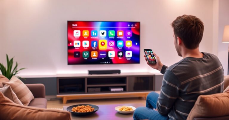 A modern living room with a sleek smart TV displaying a vibrant phone screen mirroring interface, a young person excitedly connecting their phone with a wireless device, colorful app icons glowing, cozy couch adorned with cushions, soft ambient lighting, and a stylish coffee table with snacks, creating a warm and inviting atmosphere for tech enthusiasts.