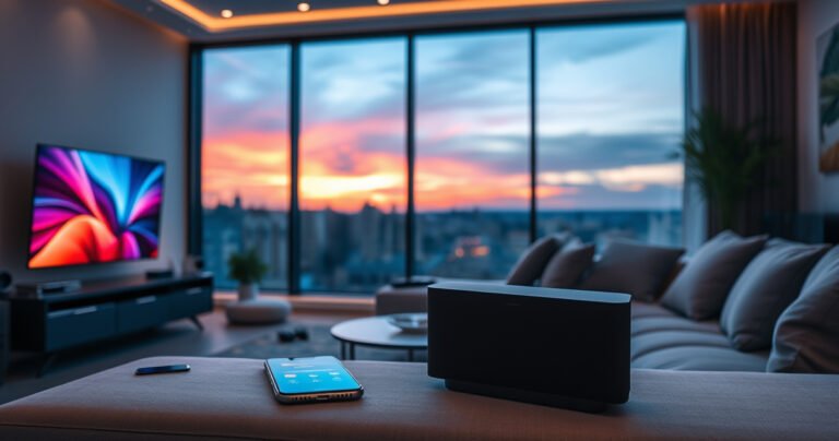 A sleek modern living room with a cozy couch, a stylish smart TV displaying vibrant colors, a smartphone effortlessly connecting to a sleek Bluetooth speaker, soft ambient lighting, scattered tech gadgets, and a backdrop of a serene evening sky visible through large windows, creating an inviting atmosphere for entertainment and connectivity.