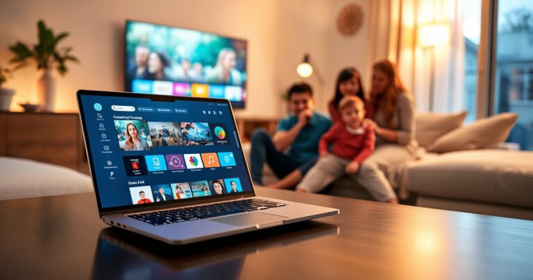 A sleek laptop sits open on a modern coffee table, its screen displaying a vibrant streaming platform. In the background, a large smart TV glows with colorful visuals, showcasing a seamless wireless connection. Warm ambient lighting fills the cozy living room, with a family happily gathered around, ready to enjoy their favorite show together.