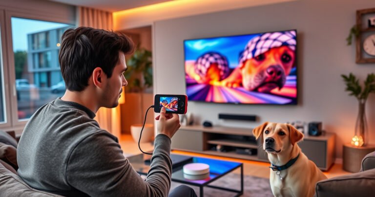 A modern living room featuring a sleek smart TV displaying vibrant images from a USB camera, surrounded by cozy furniture, warm lighting, and tech gadgets. A person is connecting the camera to the TV, with a focused expression, showcasing the simplicity and ease of the connection process, while a friendly dog watches curiously nearby.