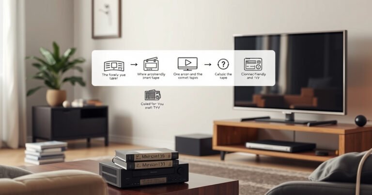 A retro living room scene featuring a vintage VHS player connected to a modern smart TV, with a stack of classic VHS tapes beside it. Soft ambient lighting highlights the contrast between the nostalgic technology and sleek modern design, while a user-friendly infographic illustrating the connection steps hovers in the air, blending old and new seamlessly.