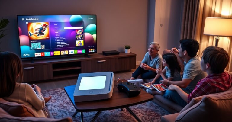 A cozy living room featuring a sleek smart TV displaying a vibrant Wii menu, with a classic Wii console and controllers on a stylish coffee table. Soft ambient lighting highlights colorful game cases, and a family of four is gathered, excitedly preparing to play together, surrounded by plush cushions and snacks, evoking a sense of fun and nostalgia.