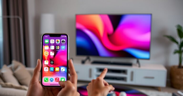 A sleek iPhone displaying a vibrant screen mirroring feature, elegantly positioned next to a modern LG Smart TV in a cozy living room. Soft ambient lighting highlights the seamless connection, with colorful app icons glowing. A person’s hand gestures toward the TV, showcasing a seamless tech harmony in a stylish, contemporary setting.