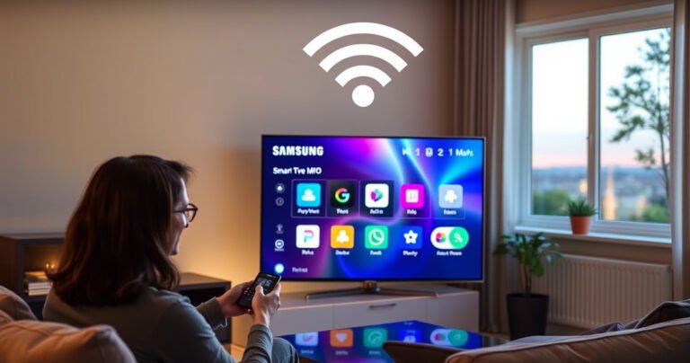 A sleek Samsung Smart TV displaying a vibrant digital interface, surrounded by a cozy living room setting. Soft ambient lighting highlights modern furniture, while a person interacts with a remote, their captivated expression reflecting the screen's colorful icons. A Wi-Fi symbol hovers above, symbolizing connectivity, and a window reveals a serene outdoor view.