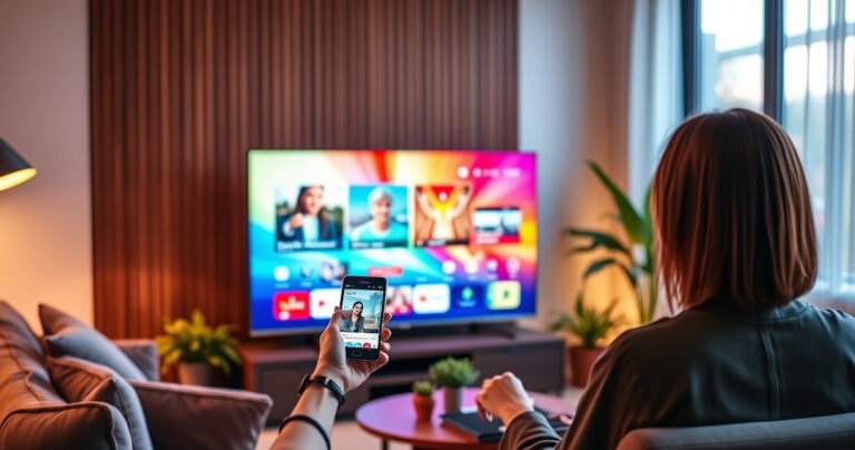 A sleek Samsung Smart TV glowing in a modern living room, displaying vibrant streaming content. A person gestures toward the screen with a smartphone in hand, surrounded by cozy furniture and colorful plants. Soft ambient lighting highlights the tech-savvy atmosphere, emphasizing the seamless connection between devices in a stylish, inviting space.
