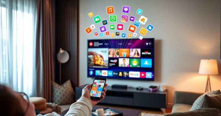 A modern living room featuring a sleek Philips Smart TV displaying vibrant streaming content, surrounded by cozy furniture and warm lighting. A person is happily connecting their smartphone via a wireless connection, with colorful app icons floating above. The ambiance is inviting, showcasing technology seamlessly integrated into daily life, with hints of family interaction and entertainment.