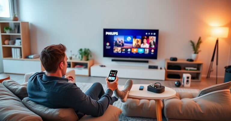 A modern living room with a sleek Philips Smart TV displaying vibrant streaming content. A person sits on a cozy sofa, smartphone in hand, engaging with a user-friendly interface. Soft ambient lighting highlights tech gadgets scattered around, while a warm atmosphere invites a sense of connection and innovation in home entertainment.
