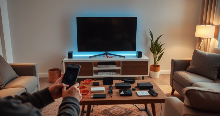 A cozy living room with a modern smart TV on a sleek stand, surrounded by cozy furniture. A person happily connecting devices, with colorful cables and a smartphone in hand. Soft ambient lighting illuminates a stylish coffee table scattered with tech gadgets, creating a warm, inviting atmosphere that emphasizes the simplicity of tech setup.