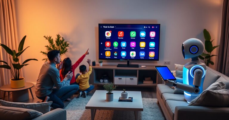 A modern living room bathed in soft, warm light, showcasing a sleek smart TV displaying vibrant, colorful app icons. A family is gathered around, eagerly pointing at the screen, while a friendly robot assistant guides them with a glowing tablet in hand. Cozy furniture, potted plants, and a stylish coffee table complete the inviting atmosphere.