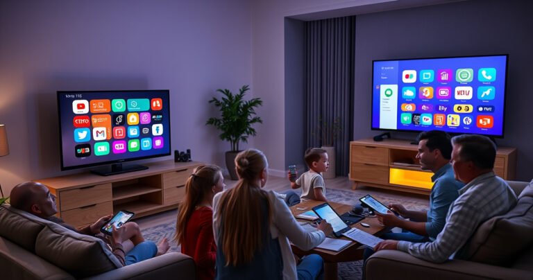 A cozy living room with a traditional TV transformed into a sleek smart TV, glowing brightly with colorful app icons. A family enthusiastically gathered around, connecting devices and discussing setup steps, surrounded by tech gadgets, digital manuals, and a warm ambiance of soft lighting and modern decor, illustrating the excitement of upgrading their entertainment experience.