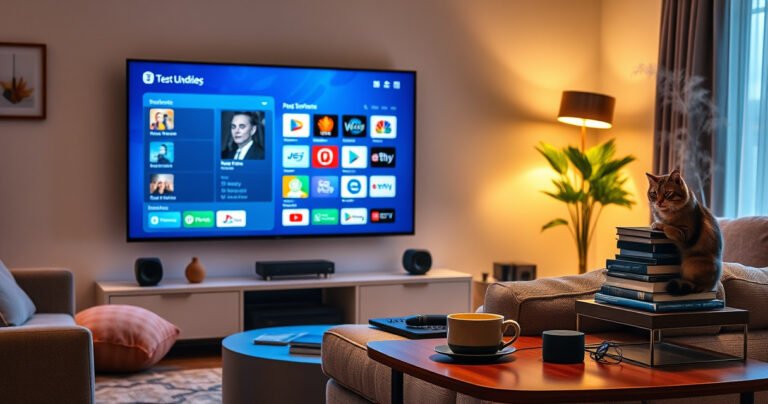 A cozy living room featuring a sleek, modern TV displaying vibrant apps and streaming services, surrounded by comfy furniture and warm lighting, with a curious cat perched on the couch, and a side table stacked with tech gadgets and a steaming cup of coffee, creating an inviting atmosphere of digital transformation and comfort.