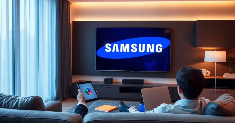 A sleek modern living room featuring a large Samsung Smart TV displaying the vibrant Samsung logo. A person sits comfortably on a stylish couch, a tablet in hand, with colorful notes and a laptop open nearby. Soft ambient lighting illuminates the room, creating a welcoming atmosphere for tech-savvy users eager to connect their devices.