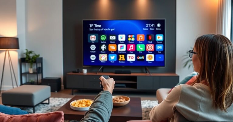 A sleek modern living room featuring a large smart TV with a user interface displaying app icons, a person holding a remote control with a focused expression, a cozy sofa with colorful cushions, warm ambient lighting, and a coffee table with snacks, creating an inviting atmosphere for tech-savvy viewers eager to learn.