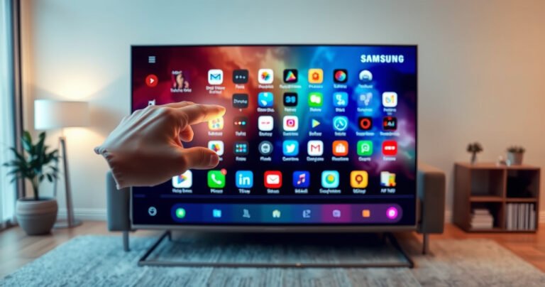 A sleek Samsung Smart TV displayed in a modern living room, its vibrant screen showcasing a cluttered app interface. A user’s hand reaches out to select an app to delete, with a subtle glow of digital icons around. Soft ambient lighting creates a cozy atmosphere, highlighting a stylish sofa and a small bookshelf in the background.