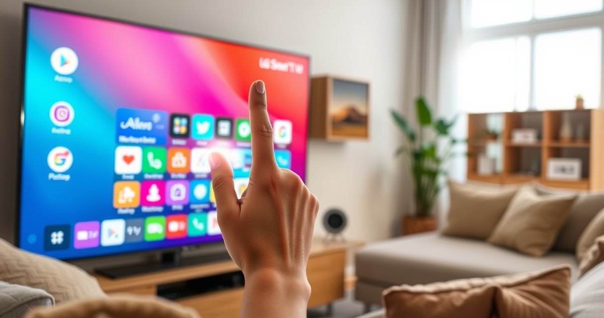A sleek LG Smart TV displaying a vibrant home screen filled with colorful app icons, one finger poised above a glowing "delete" option. The living room is modern and cozy, with soft lighting and plush furniture, creating a sense of ease and simplicity, inviting viewers to learn the effortless steps to declutter their digital space.