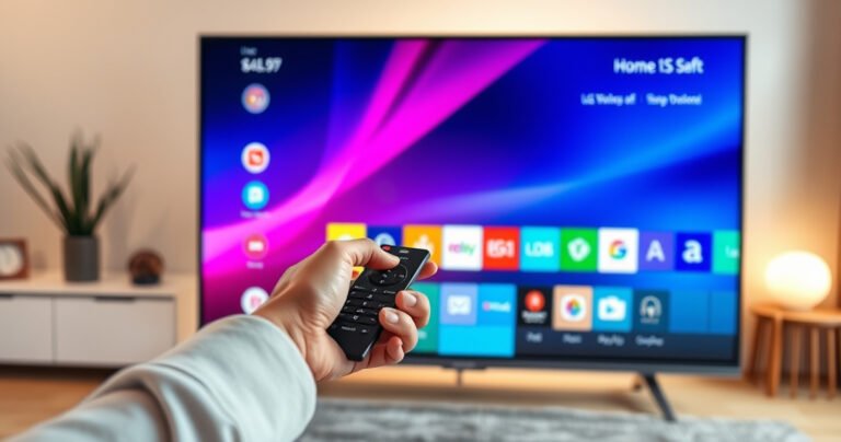 A sleek LG Smart TV displaying a vibrant home screen filled with colorful app icons, hands delicately hovering over a touch remote, illuminated by soft ambient lighting. The background features a cozy living room with modern decor, emphasizing a user-friendly tech experience, inviting viewers to explore digital simplicity and efficiency in app management.