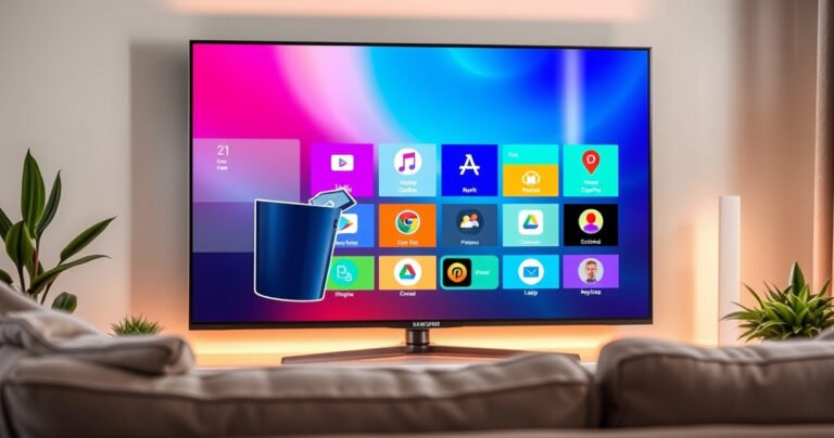 A sleek Samsung Smart TV displaying a vibrant, user-friendly interface with colorful app icons, some being dragged into a digital trash bin. Soft glowing lights reflect off the TV screen, while a cozy living room setting with a plush sofa and decorative plants creates an inviting atmosphere, hinting at a tech-savvy lifestyle.