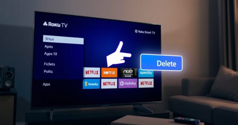 A sleek Roku Smart TV screen displaying a colorful app grid, with a prominent finger icon hovering over a bright, animated "Delete" button. The living room background is cozy, with soft lighting and a stylish couch, while a remote control rests nearby, hinting at the ease of app management in a modern home entertainment setup.